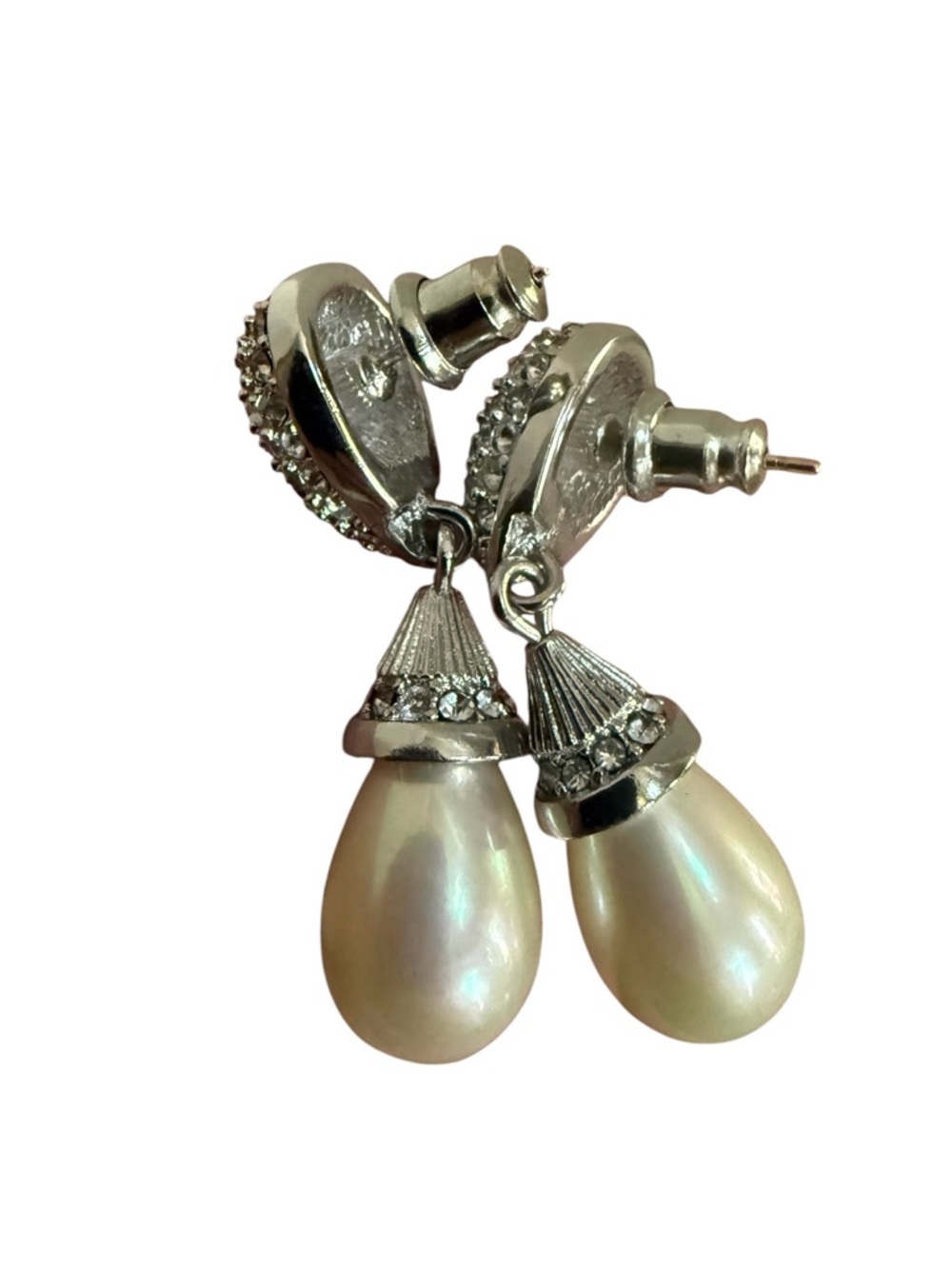 Authentic Christian Dior Silver Crystal and Cream Pearl Drop Post Earrings! COA! - Picture 7 of 8